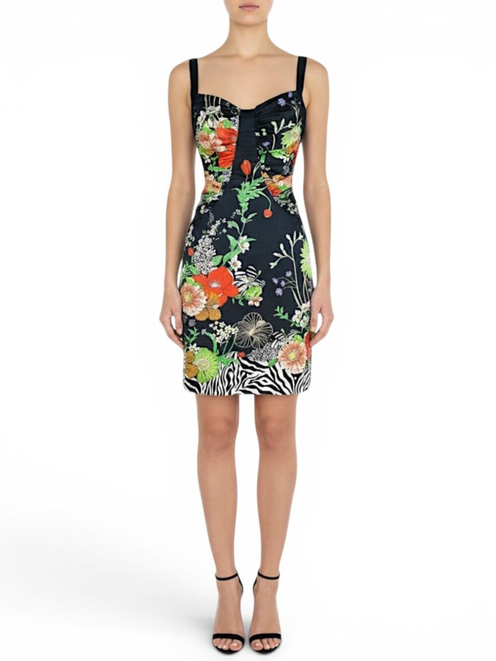 David Meister Black Floral Animal Zebra Print Stretch Silk Ruched Party Dress 8P